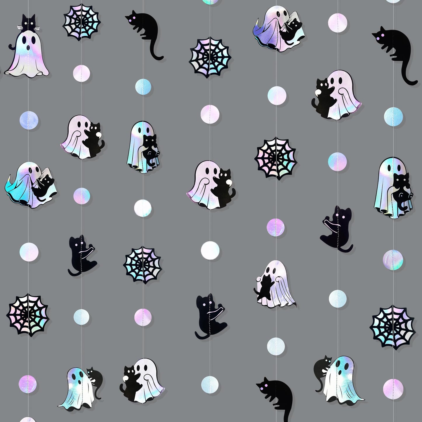 Iridescent Black Halloween Decorations Holographic Ghost Black Cat Spider Web Polka Dot Paper Hanging Garland Streamer Banner for Halloween Birthday Baby Shower Bachelorette Wedding Party Supplies