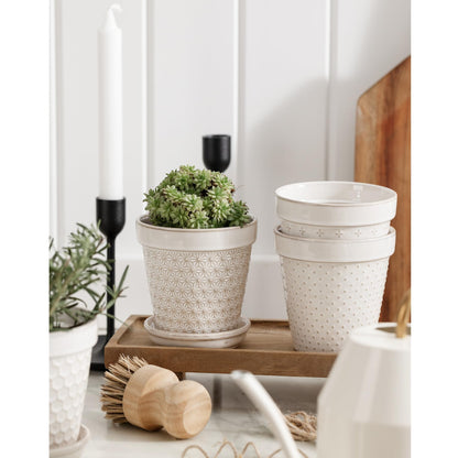 MIKIGEY Ceramic Succulent Pots with Drainage Hole & Saucer, 4 Inch Small Plant Pots, Ceramic Planter for Indoor Plants, Embossed Flower Pots, Home Decor, Set of 4, Off-White