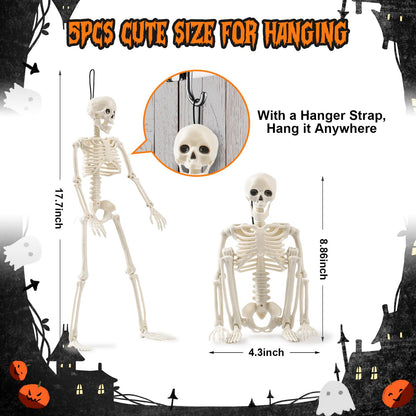 Jeowoqao Skeleton Halloween Decorations, 5Pcs 16inch Full Body Posable Joints Small Skeleton Hanging Skeleton Decor for Halloween Indoor Outdoor Graveyard Haunted House