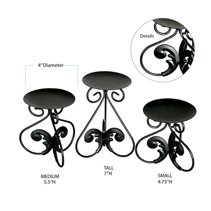 Lily’s Home Elegant Scrollwork Fleur De Lis Pillar Candle Holders, Wax & LED Candle Stands, Black, Set of 3. Candles Not Included