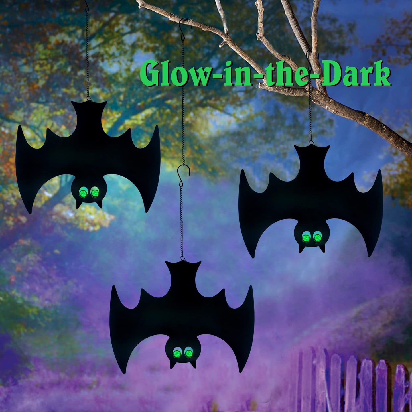Outdoor Metal Bats, Halloween Decoration, Glow-in-The-Dark Hanging Bats, Silhouette Pendant Outdoors, Halloween Decorative Animals, Set of 3