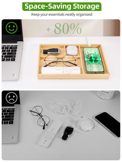 Bamboo Valet Tray with Dual Wireless Charger - EDC Nightstand Organizer for Men - Desk Tray & Catchall for Phone, Watch, Keys - Aesthetic Desk Accessories & Father’s Day Gift for Men (Natural)