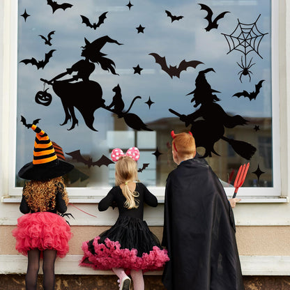JarThenaAMCS Extra Large Halloween Window Clings Black Witch Castle Bat Window Stickers Double-Sided Glass Decals for Home Classroom Office Party Decoration, 4 Sheets