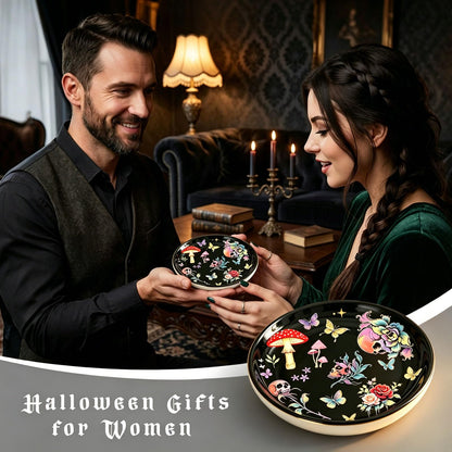 PEJXJML Gothic Ceramic Jewelry Tray Trinket Dish – Skull Mushroom Decorative Tray with Roses Butterflies, Dark Witchy Jewelry Dish for Rings Earrings Keys, Halloween Home Decor Gift, 4.1"