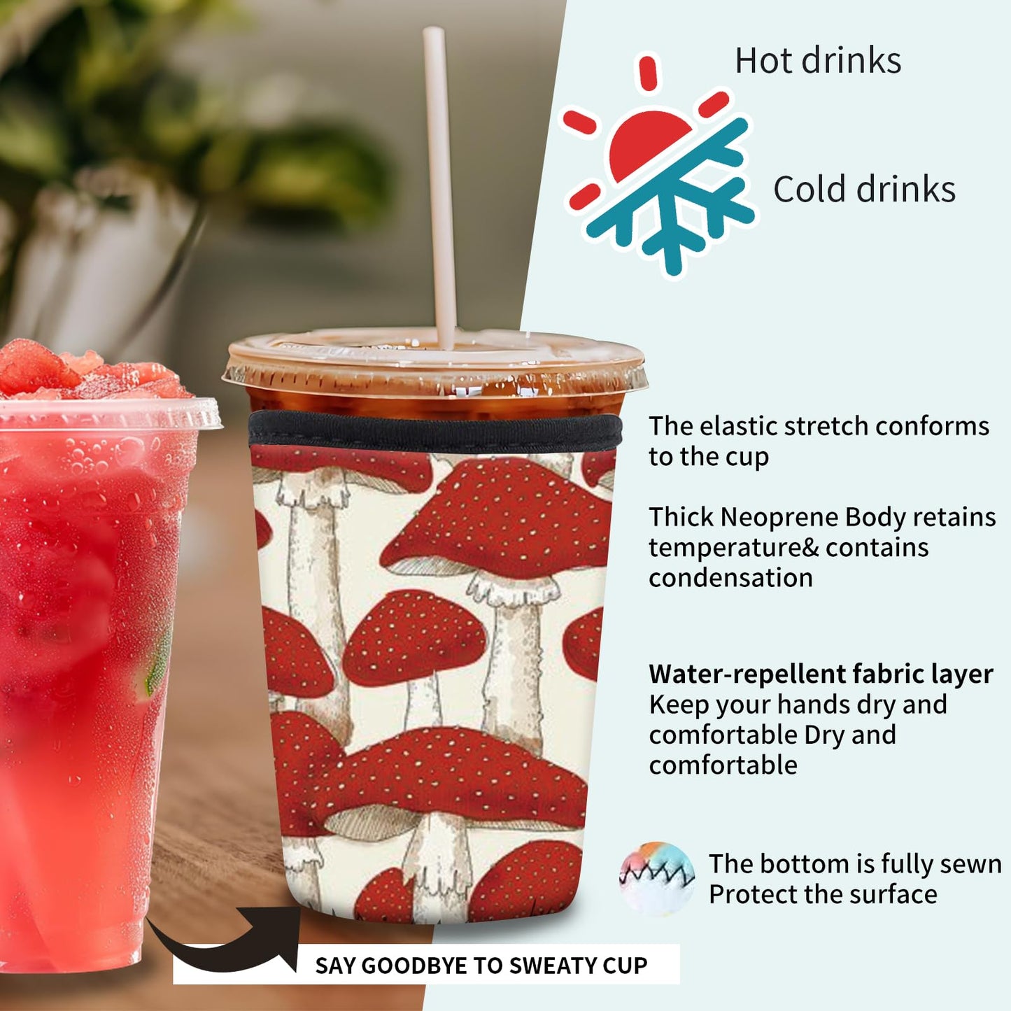 DAORJWL 3 Pack Reusable Insulated Neoprene Sleeve for Iced & Hot Drinks, Cute Durable Iced Coffee Cup Sleeve, Beverage Holder for Iced Coffee Cute Red Mushroom