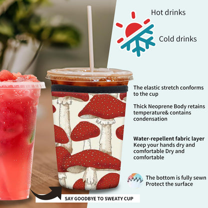 DAORJWL 3 Pack Reusable Insulated Neoprene Sleeve for Iced & Hot Drinks, Cute Durable Iced Coffee Cup Sleeve, Beverage Holder for Iced Coffee Cute Red Mushroom
