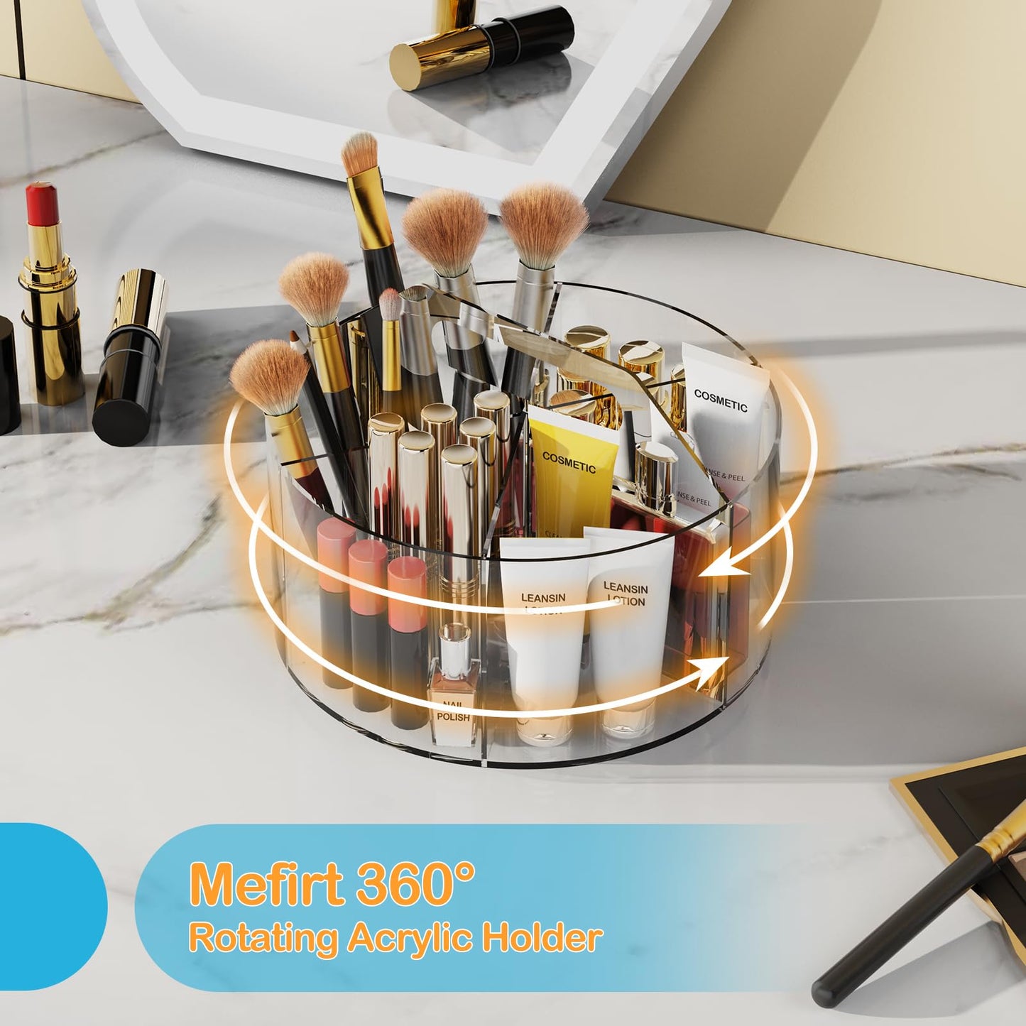 Mefirt Acrylic Pen Holder, 360 Degree Rotating Pen Organizer, Rotating Desk Acrylic Office Organizer with 6 Compartments, Marker Organizer for Kid, Crayon Caddy School Art Supply Storage Organizer