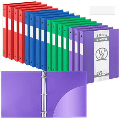 Henoyso 16 Pack 0.5 Inch Plastic 3 Ring Binder Round Ring, Bulk 1/2 Inch Flexible Binders Hold 140 Sheets Letter Size with Pocket, Document Organizer for Back to School Classroom Office (Assorted)