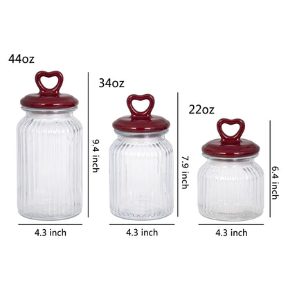 Hyperspace Set of 3 Decorative Glass Kitchen Canister Set, Cookie Jar, Food Storage Containers, Bathroom Jars, with Airtight Ceramic Lid for Kitchen and Bathroom, Red Heart Handle