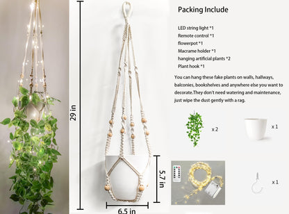Comtelek Fake Hanging Plants with Lights Artificial Plants for Home Decor Macrame Plant Hanger with Fake Vines Faux Hanging Planter for Wall Ceiling Bedroom Bathroom Kitchen Office Boho Decor Indoor