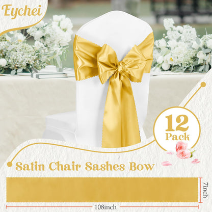 Eychei 12pcs Gold Satin Chair Sashes & Bows, 7x108in Chair Bow Ties for Wedding, Party, Banquet, Restaurant, Hotel Events