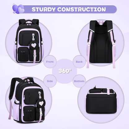 MOONBABY Girls Backpack, Kids Backpack for Girls, School Bag for Primary Elementary Teenage, Middle Students Bookbag, Kawaii School Backpacks for Girl Ages 8-12, Black and Purple