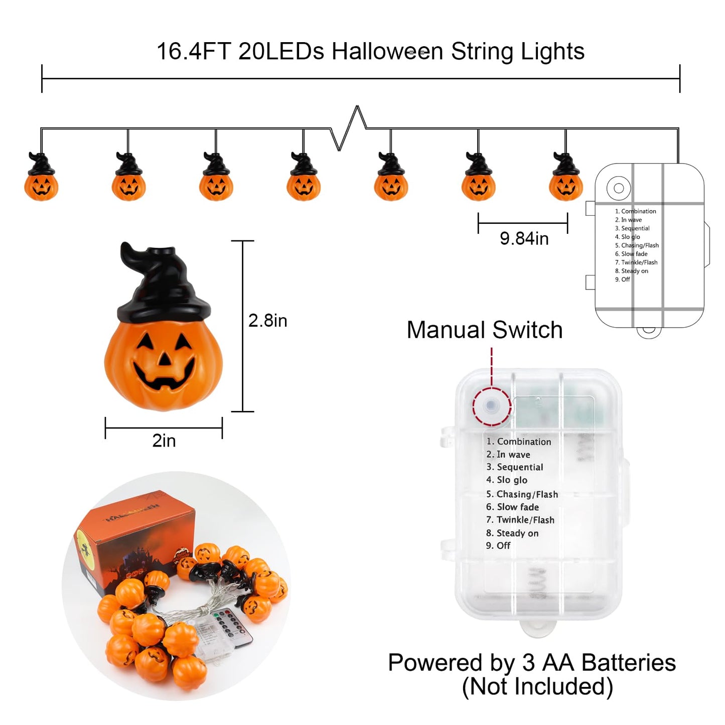 Runleo Halloween Pumpkin String Lights with Witch Hat, 20 LED 16.4FT 8 Modes Timer 3D Waterproof Orange Jack-O-Lantern Battery Operated Flickering Lights for Indoor Outdoor Decor Party Decorations