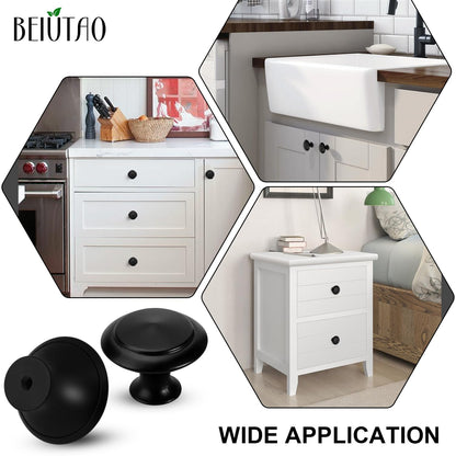 BEIUTAO 35 Pack Cabinet Knobs 1-1/4 Inch (30mm), Matte Black Round Drawer Knobs, Stainless Steel Top & Zinc Alloy Base Kitchen Cabinet Hardware for Dresser, Bathroom Cabinets (Screws Included)
