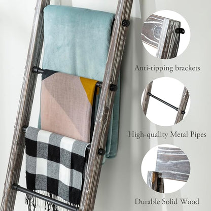 MyGift Blanket Ladder Wooden, Blanket Quilt Holder Rack Decorative Ladder with Metal Pipe Rungs, Easy Assembly, Rustic Farmhouse Ladder Shelf for The Living Room Bedroom Bathroom
