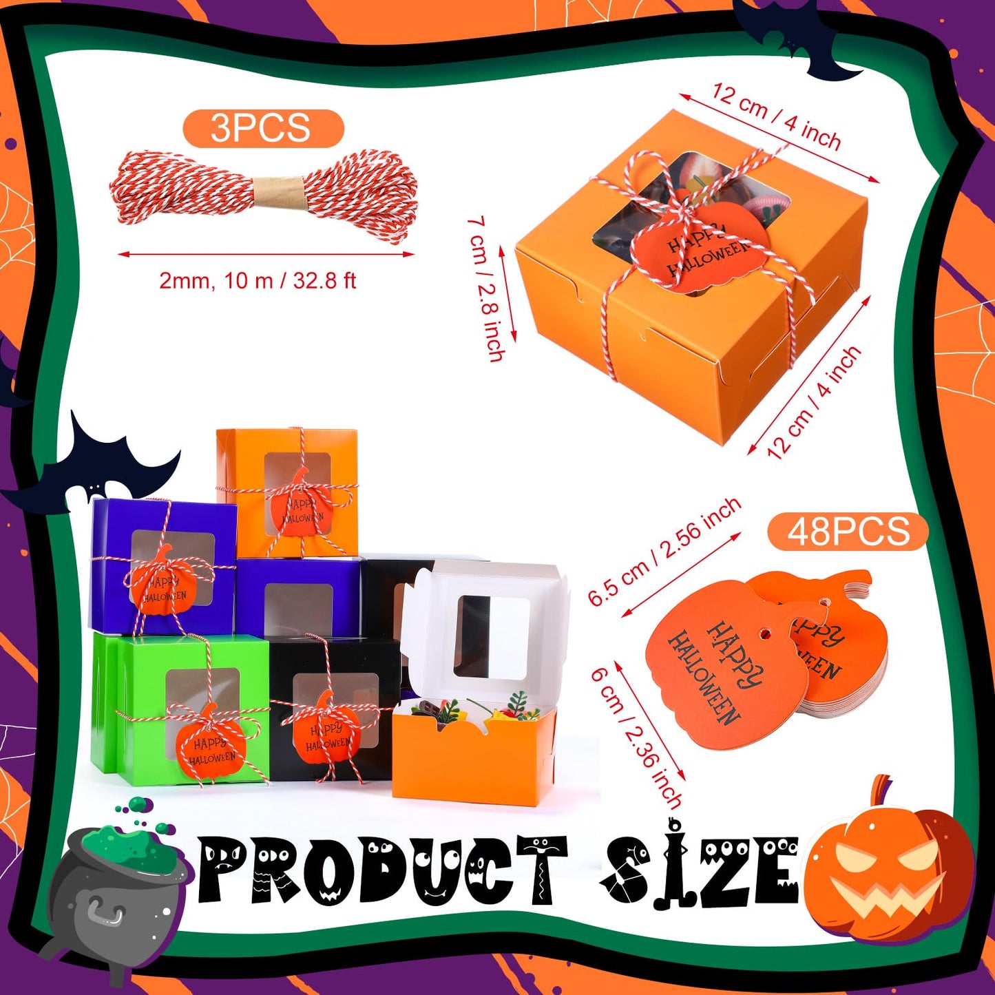 Resholder 48 Pcs Halloween Cookie Boxes with Window 4 x 4 x 2.8 Inch Tricks or Treat Boxes Candy Gift Bakery Dessert with Pumpkin Gift Cards, 3 Bundle Ropes for Halloween Party