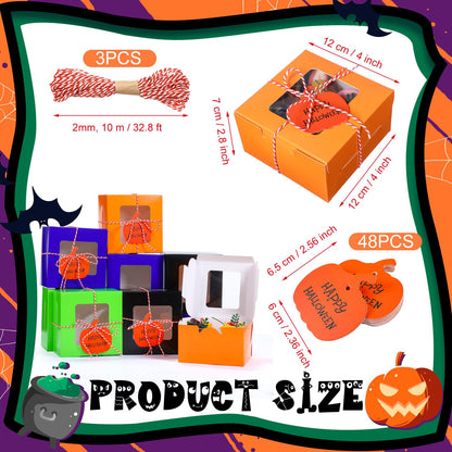 Resholder 48 Pcs Halloween Cookie Boxes with Window 4 x 4 x 2.8 Inch Tricks or Treat Boxes Candy Gift Bakery Dessert with Pumpkin Gift Cards, 3 Bundle Ropes for Halloween Party