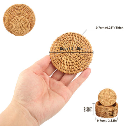 Yiksonyo 12 PC 3.15 inch Rattan Coasters, Handmade Wicker Drink Coasters with Matching Holder, Natural Round Rattan Placemats for Coffee Table, Bar, and Home Décor