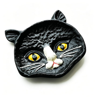 Womeet Black Cat Face Cast Iron Trinket Dish, Gothic Kitten Jewelry Tray, Small Decorative Cat Ring Holder for Earrings Necklings Rings, Halloween Home Decor Storage Dish for Vanity Countertop