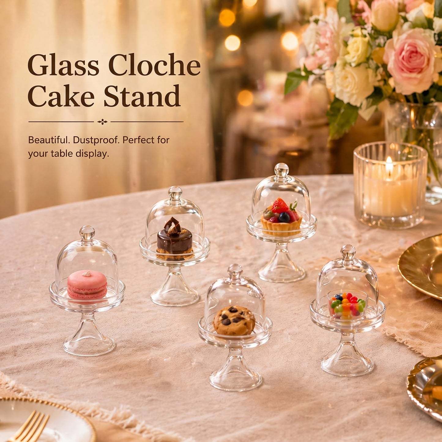 Gandeer 6 Pack Mini Glass Cloche with Base Bell Jar Dome & Acrylic Cube Planter 2.7 x 2.7 x 5'' Clear Glass Terrarium for Succulents Moss Cakes Miniature Dioramas Specimens Jewelry Rings Display