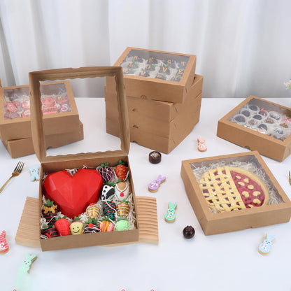ROSPAKTEK Brown Bakery Boxes with Window (12pcs, 9x9x2.5 Inch) for Christmas: Ideal for Pie, Cookies, Chocolate Covered Strawberries, Breakable Heart & Charcuterie