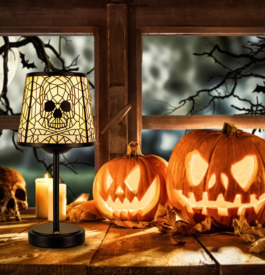 Skull and Crossbones Table Lamps, Black Base with Decorative Shade, 3-level brightness touch Halloween Gothic style table lamp, suitable for/bar/restaurant/bedroom/decorative lighting, 2 packs. ﻿