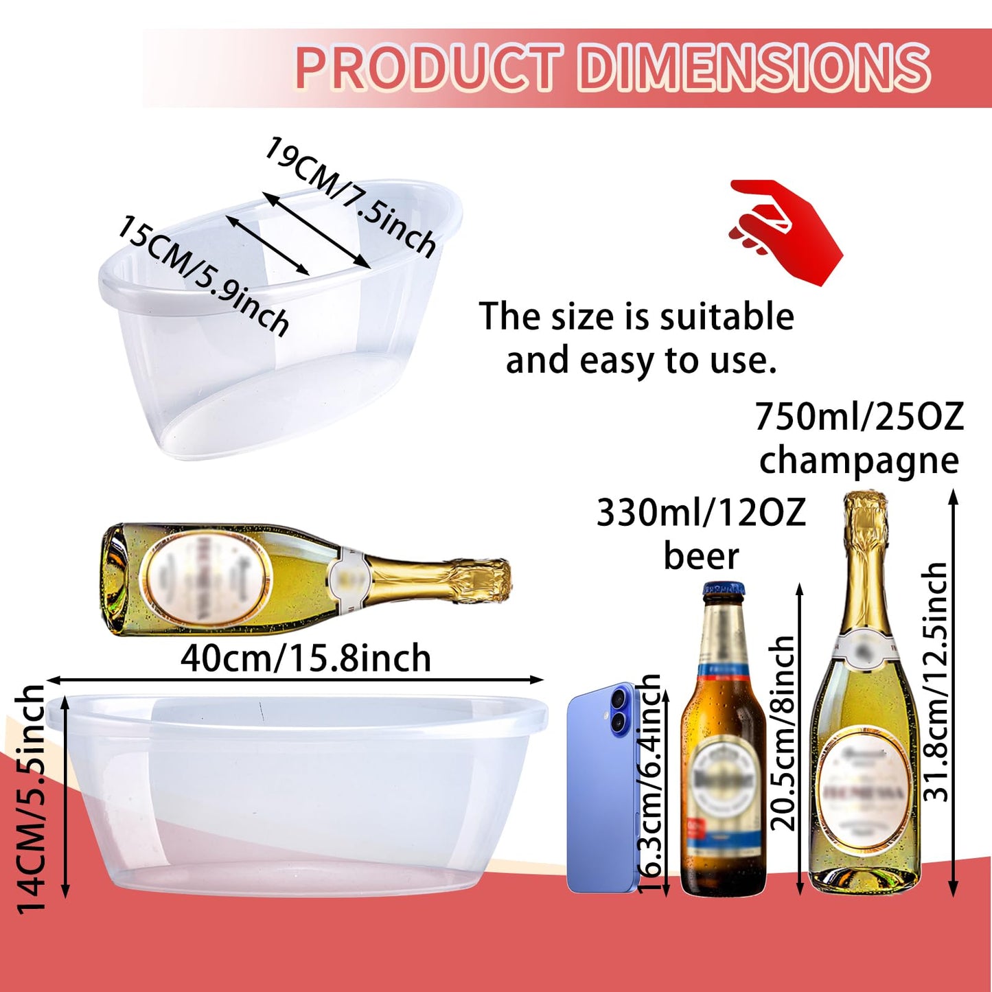 AiSmRu 2 Pack Large Ice Buckets for Parties, 5L Oval Plastic Champagne Wine Cooler Beer Chiller Bucket Beverage Tub for Mimosa Bruch Cocktail Bar Supplies Indoor Outdoor Wedding Party