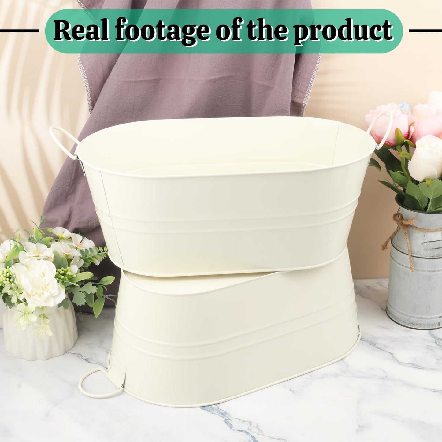 GENHAKON 3 PCS 15.3 x 9 x 6 inch White Metal Galvanized Tub with Handles, 3 Gallon Large Beverage Tubs for Wine, Cocktails, Parties, Outdoor Beer Ice Tub