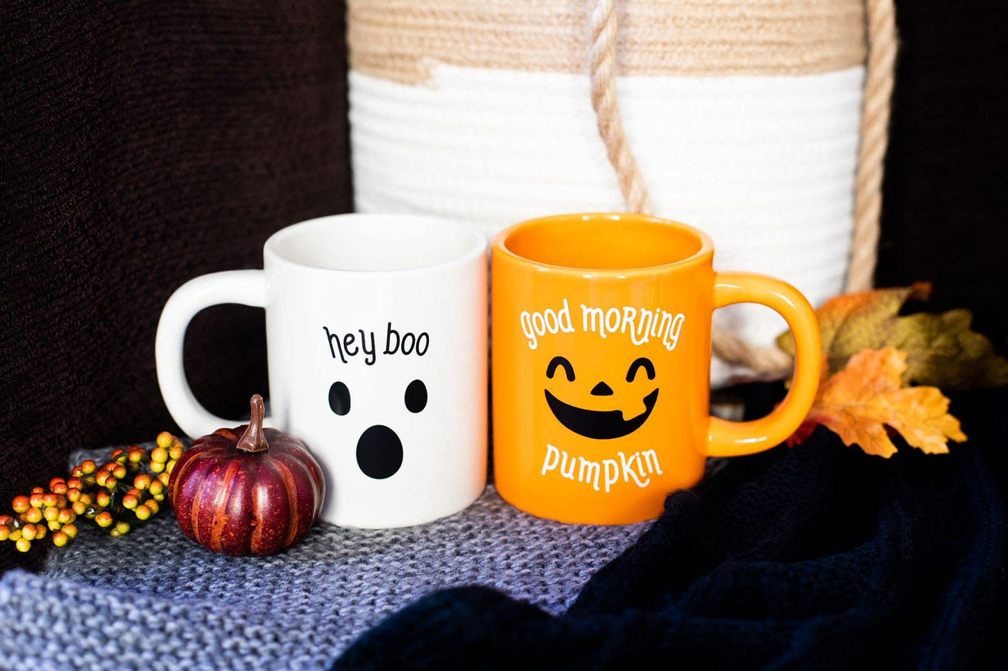 Pearhead Halloween Coffee Mug Set of 2 Fall Pumpkin Ghost Ceramic Cups 16oz Microwave Dishwasher Safe Autumn Gift