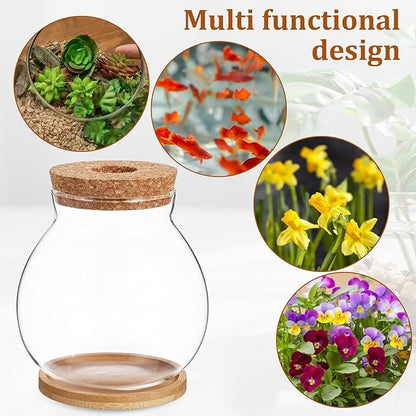 HANABASS Desktop Fish Bowl Hydroponic Terrarium Small Glass Betta Fish Tank with Wood Lid and Bamboo Stand for Home Office Decoration