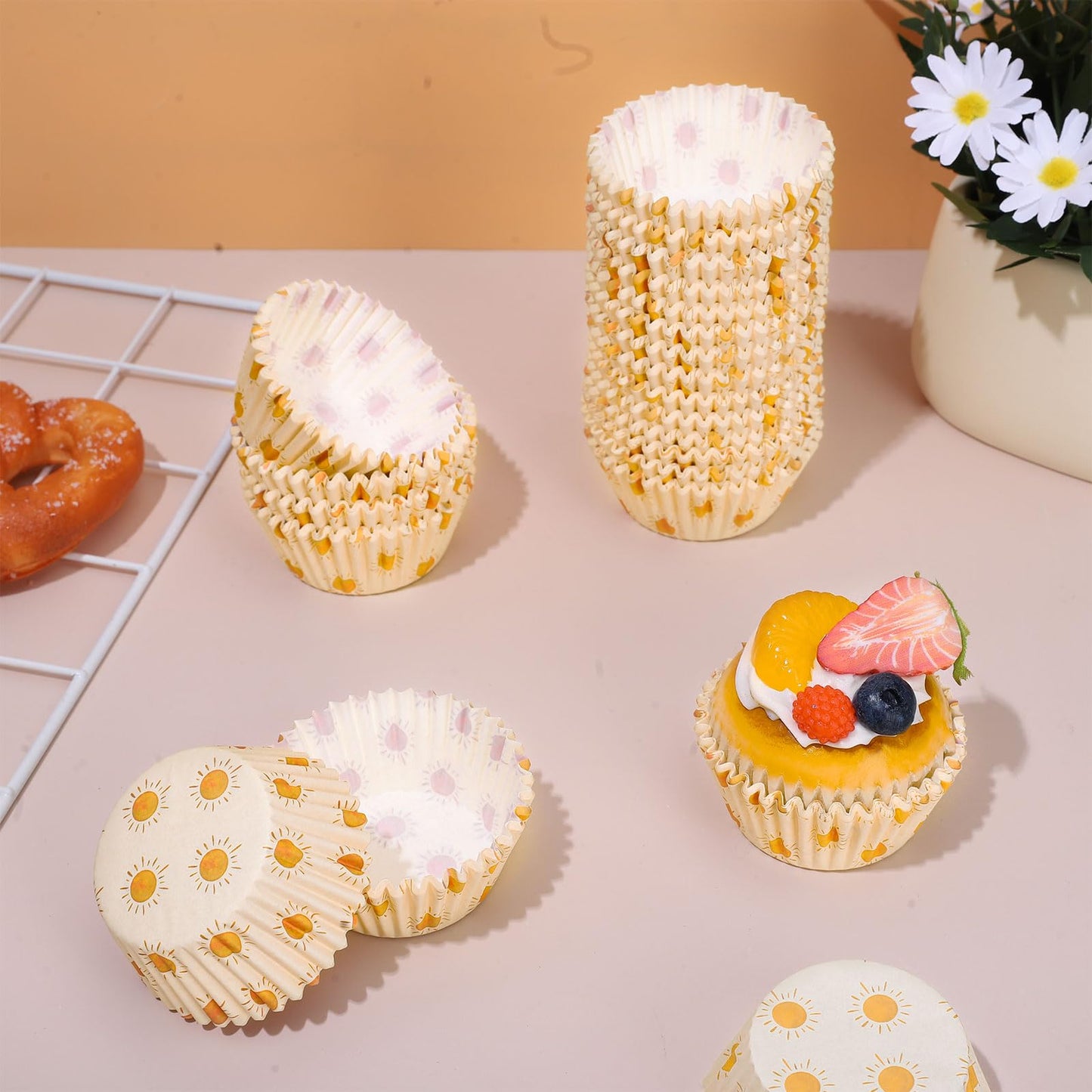 600Pcs Boho Sun Cupcake Liners Hippie Summer Sunshine Cupcake Wrappers First Trip Around The Sun Party Paper Baking Cup Holder for Baby Shower Wedding Birthday Party