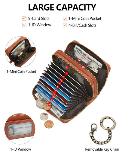 TFKGS Credit Card Holder for Women RFID Wallet Leather Womens Wallet with Zipper Blocking Keychain Card Accordion Wallets Gifts for Women Brown
