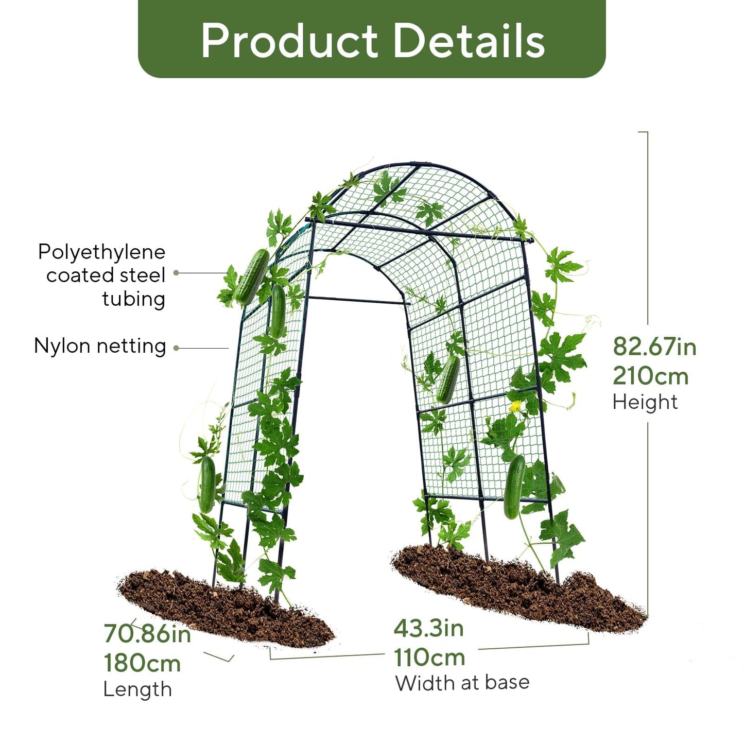FOLLOOK Garden Arch Trellis for Climbing Plants Outdoor, 7.8 ft Tall Cucumber Trellis for Raised Bed, Plastic-Coated Metal Plant Support Vegetable Squash Pea Bean Grape Vine Arbor, Black