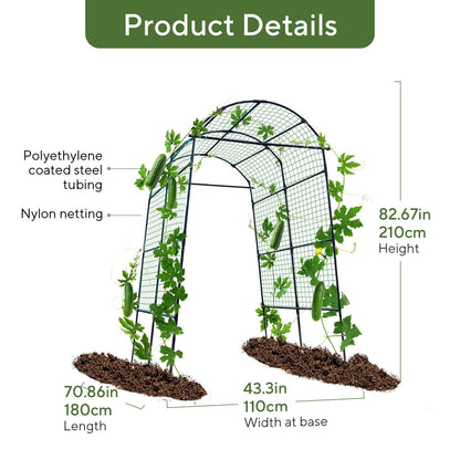 FOLLOOK Garden Arch Trellis for Climbing Plants Outdoor, 7.8 ft Tall Cucumber Trellis for Raised Bed, Plastic-Coated Metal Plant Support Vegetable Squash Pea Bean Grape Vine Arbor, Black