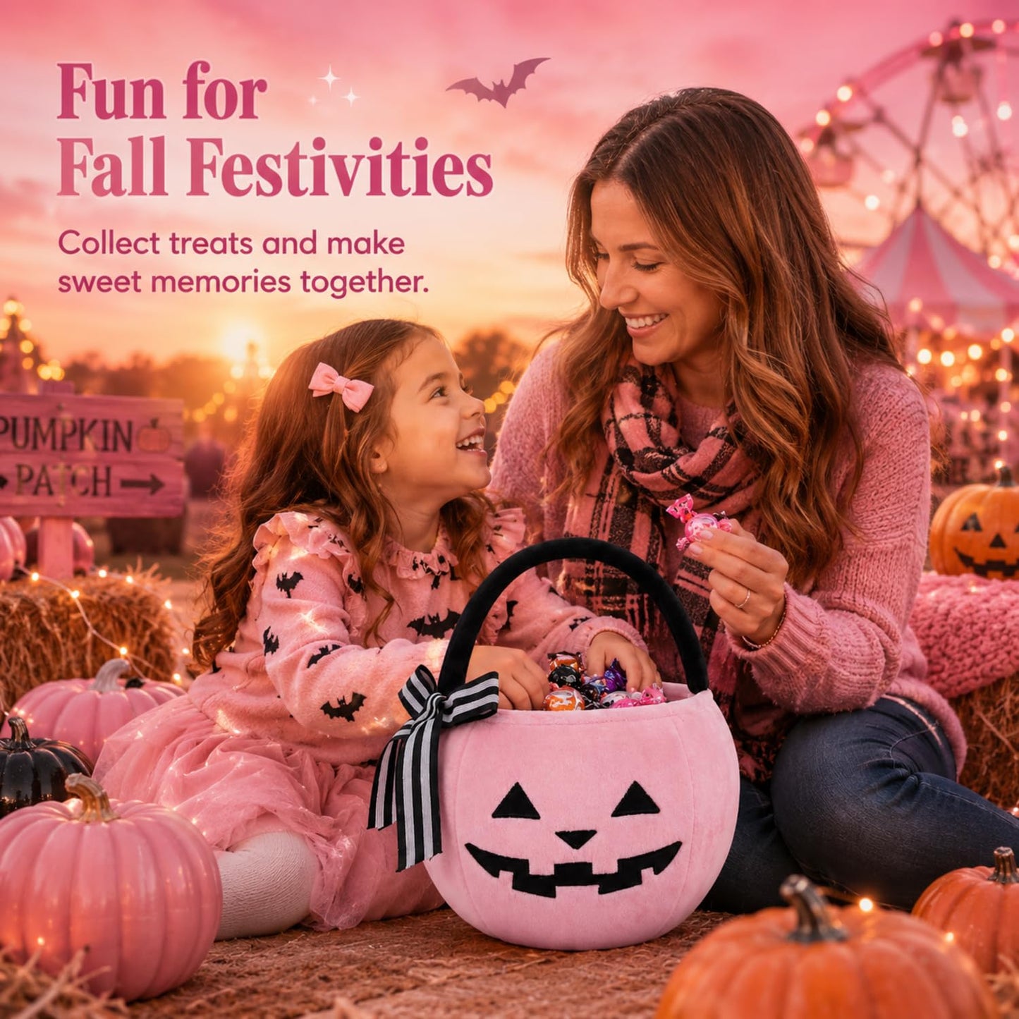 RattanView 2 Pack Halloween Pumpkin Candy Bucket Pink Lantern Treat Bag 8 x 6.3 Inch Trick or Treat Basket with Embroidered Face Striped Bow Handle for Halloween Costume Accessories Candy Gift Bag