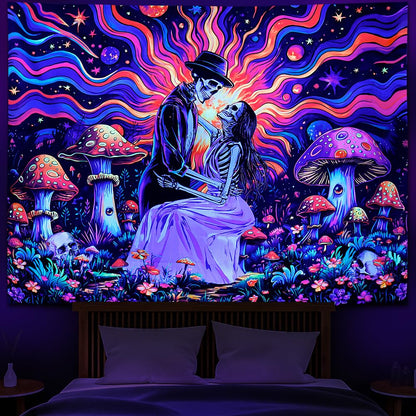 Heopapin Blacklight Skull Tapestry UV Reactive Neon Mushroom Wall Hanging Fantasy Galaxy Space Tapestries Skeleton Lovers Plants Floral Tapestry for Bedroom 59.1L x 51.2W
