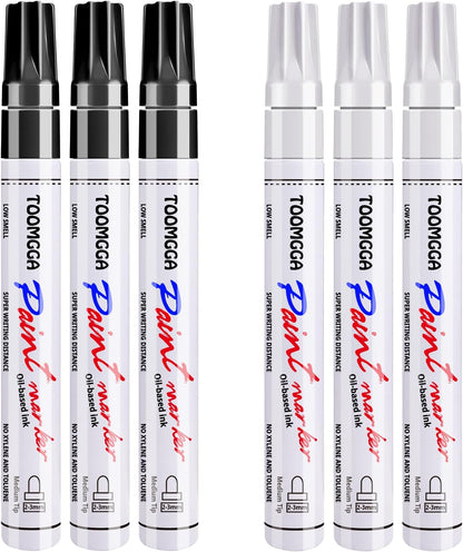 White and Black Permanent Markers Paint Pens - 6 Pack Oil Based Paint Markers, Medium Tip, Quick Drying Pens for Wood, Metal, Rock Painting, Mugs, Canvas, Clothes, Plastic Marking