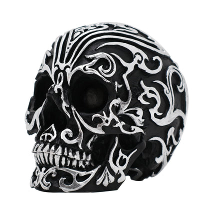 Kreovaor Gothic Skull Head Home Decor - 5.2 Inch Gothic Skeleton Skull Decor with Silver Patterns, Halloween Skull Decoration for Home, Office Desk, and Spooky Party Decor