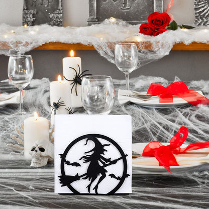 Whaline Halloween Napkin Holder Matte Black Metal Hocus Pocus Design Freestanding Tissue Dispenser Vertical Tabletop Napkin Holder for Square Paper Napkin Dinner Home Kitchen Restaurant Picnic Party