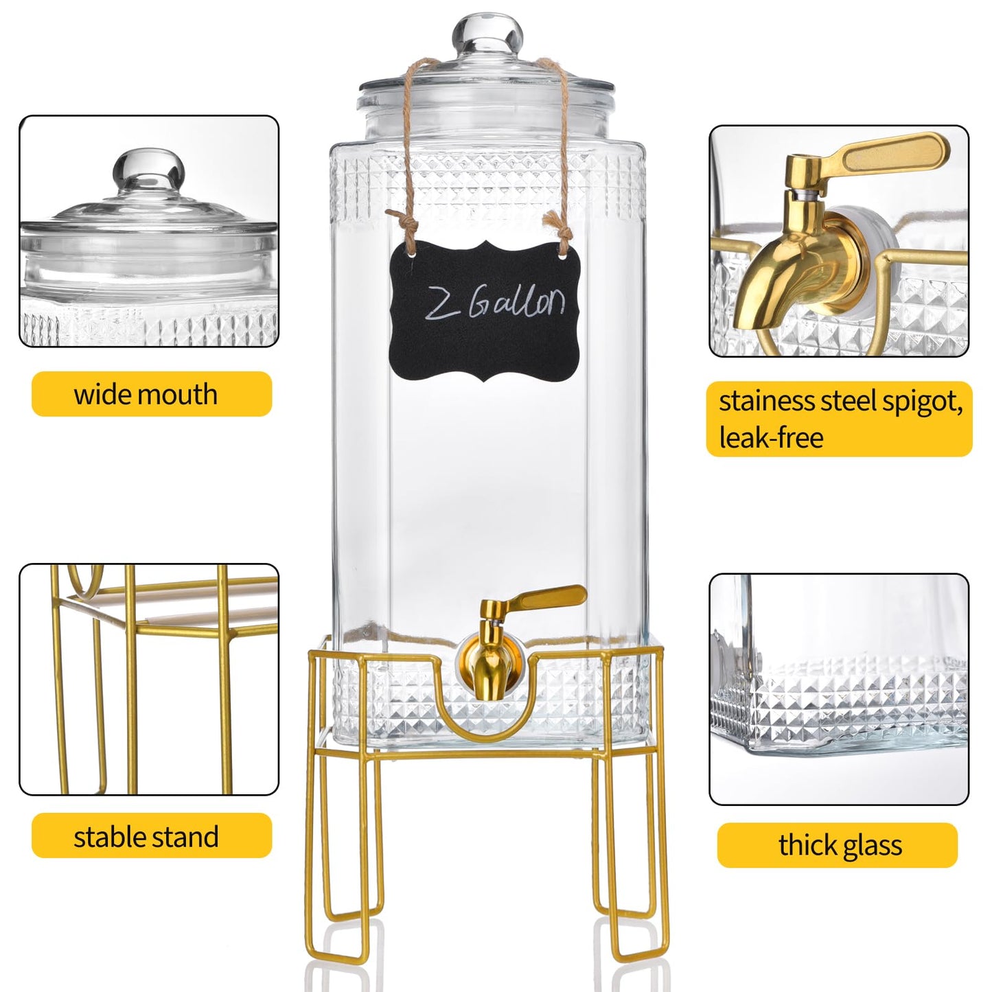 Drink Dispenser,2 Gallon Drink Dispensers for Parties,Beverage Dispenser with Stand,Glass Lid and Stainless Steel Spigot Leak-proof, Ideal for Lemonade,Juice, Tea, and Party Drinks