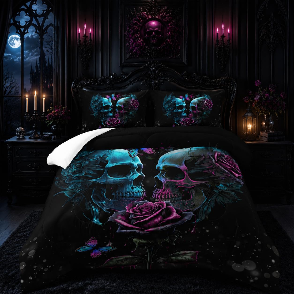 Tuzaovy Skull Bedding Set Queen Size,Goth Bedding Sets Queen with Comforter,Skull Comforter Set,Rose Comforter Halloween Skull Bed Comforter,Black Bedding Skull Quilt