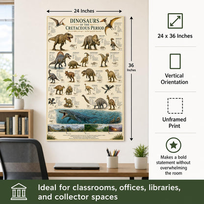 Dinosaurs of the Cretaceous Period Poster 24x36 Unframed Print Educational Dinosaur Chart Wall Art Prehistoric Animal Timeline Paleontology Classroom Decor Science Museum Artwork