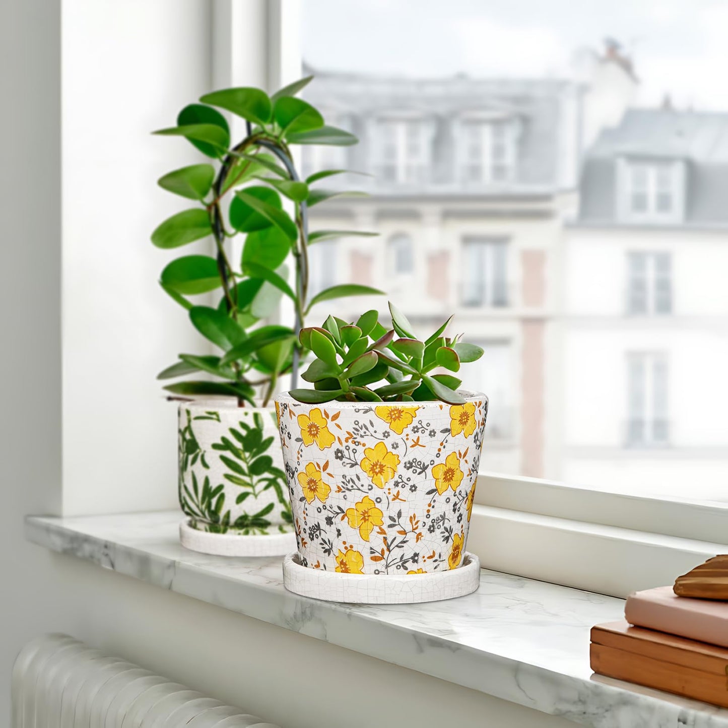 Small Ceramic Pot for Indoor Plants - 5.5 inch Plant Pot with Drainage Hole and Saucer Yellow Flower Decorative Planter Indoor Outdoor Pots for Succulent Cactus Pothos Plant Windowsill Home Garden