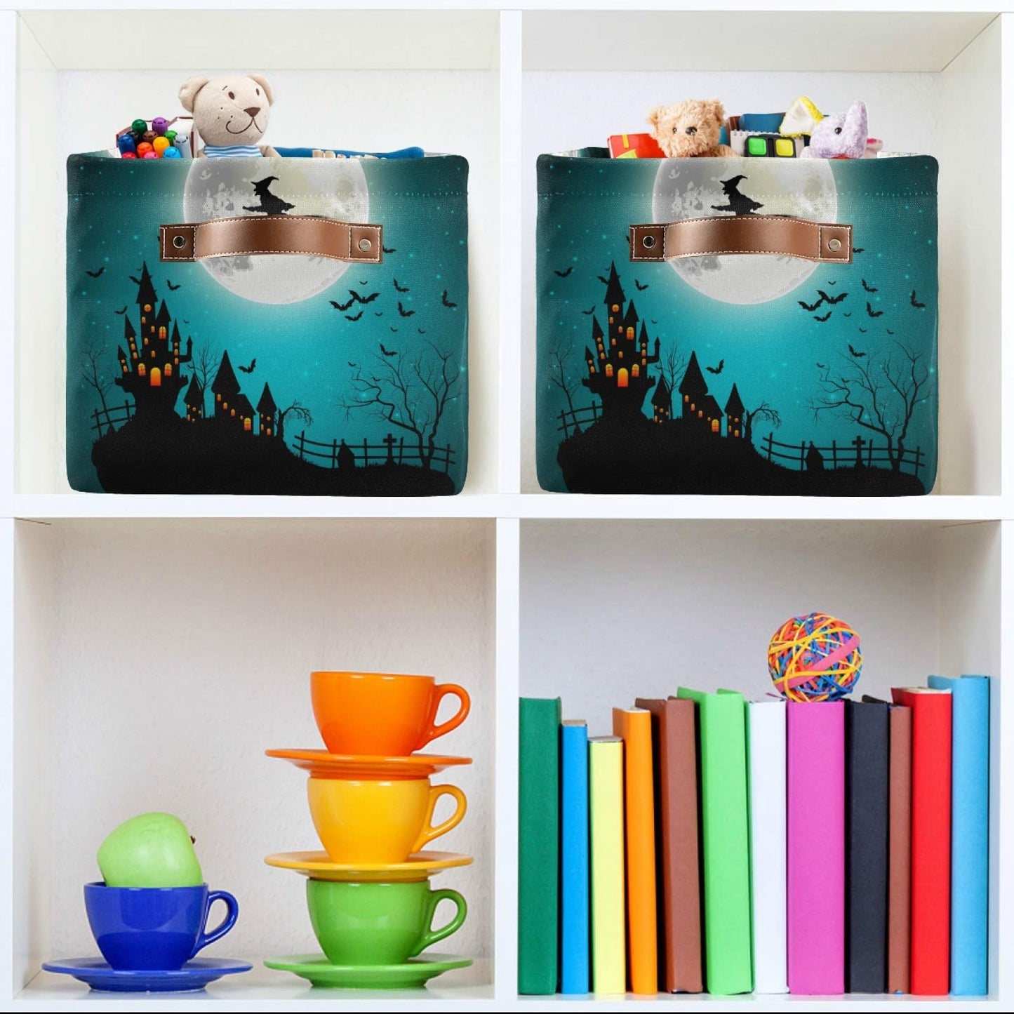 AUUXVA Storage Basket Halloween Witch Moon Castle Storage Cube Box Durable Canvas Collapsible Toy Basket Organizer Bin with Handles for Shelf Closet Bedroom Home Office