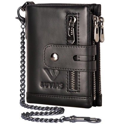 V LUVIAS Anti-Theft Mens Wallet with Chain Genuine Leather ID Window Purse with RFID Blocking Bifold Double Zipper Coin Pocket with Gift Box