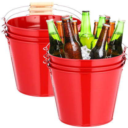 Zopeal 6 Pcs Large Metal Bucket Beer Bucket Galvanized Steel Pail with Handle for Gifts Basket Ice Candy Party(9 x 7 x 7 Inch,Red)
