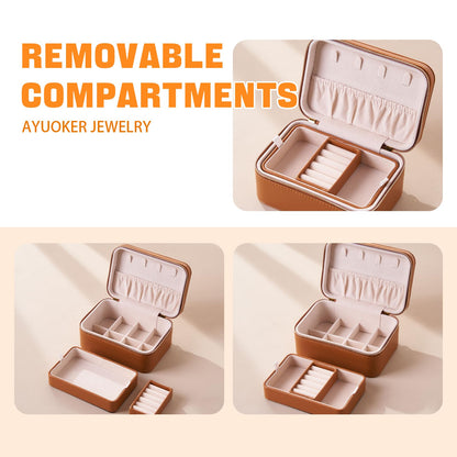 AYUOKER Brown Small Travel Jewelry Box,2 Layers PU Leather Travel Jewelry Box with Double Zippers, Portable Travel Jewelry Organizer for Necklace/Bracelet/Ring/Brooch