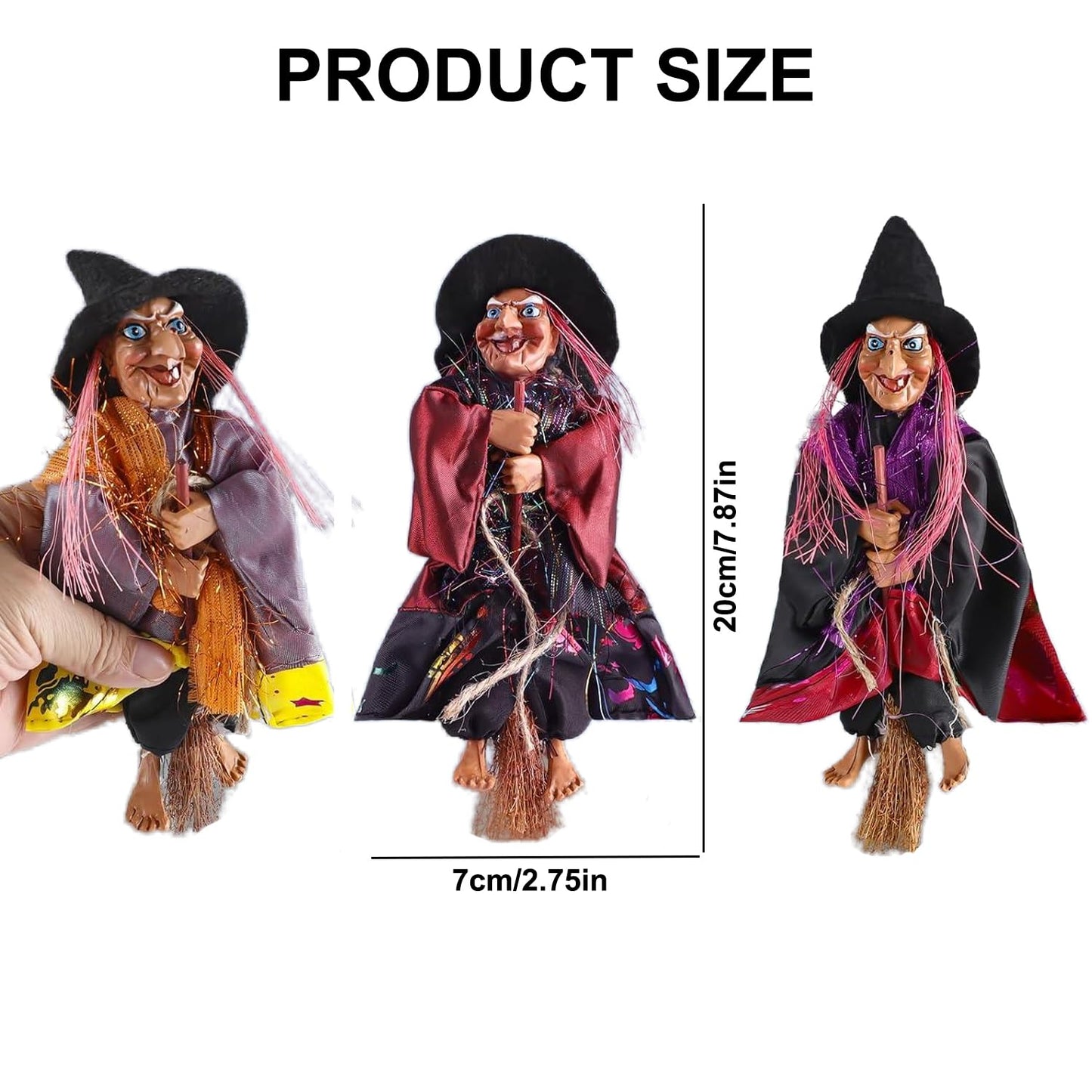 BravOne 3 PCS Halloween Hanging Witches Decorations, 8" Halloween Witches Ornaments Flying Witches Figures on Broom Halloween Outdoor Indoor Decorations Haunted House Hanging Props Party Decor (#A)