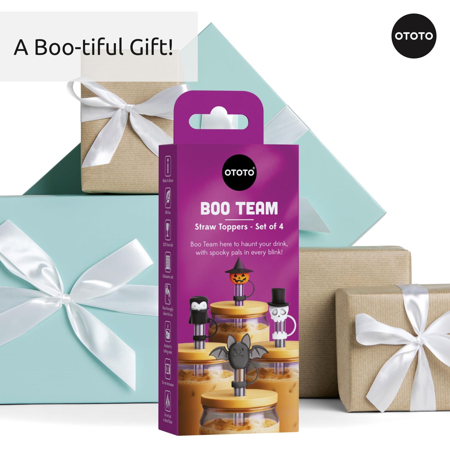 OTOTO Boo Team Straw Toppers Set of 4 - Straw Covers Cap for Tumblers, Covers, Caps for Tumbler Accessories, Cute Water Bottle Accessories, Goth Halloween Spooky Witchy Gifts, Witch