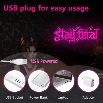Stay Feral Neon Sign for Wall Decor Feral Led Sign Gothic Decor Dark Art Neon Light Signs Bat Light Up Sign for Bedroom Girl Goth Lover Halloween Decoration